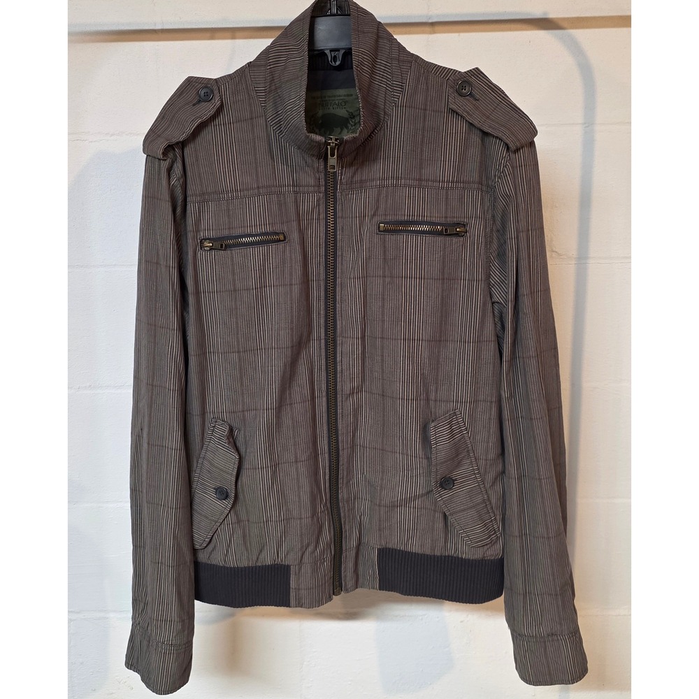 Y2K Buffalo David Bitton Mens L Plaid Bomber Jacket Brown Full Zip Epaulets